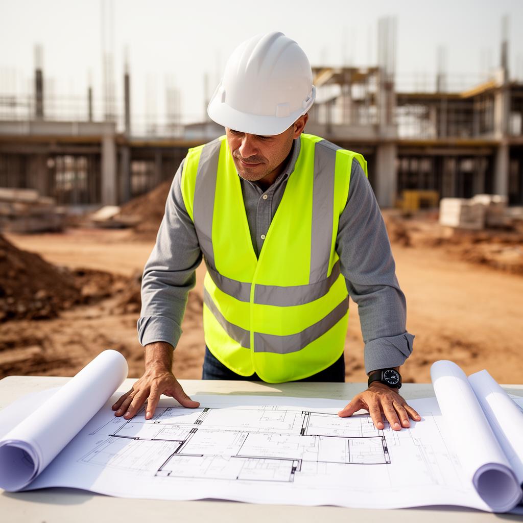 Gerente de proyecto revisando planos de construcción